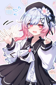 Rule 34 | 1girl, beret, black skirt, blush, cake, candy, chinese commentary, commentary request, flower, flying sweatdrops, food, frills, gradient hair, hair flower, hair ornament, hat, highres, lollipop, long sleeves, looking at viewer, mahou shoujo no majo saiban, multicolored hair, open mouth, pink hair, puffy long sleeves, puffy sleeves, red eyes, ribbon, sakuraba ema, shirt, short hair, skirt, solo, white flower, white hair, white shirt, xiaying jixing