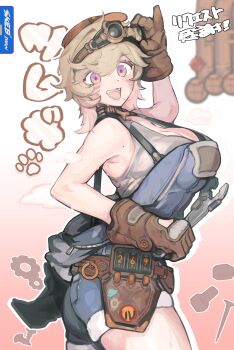1girl absurdres blonde_hair blue_overalls bolt_(hardware) breasts brown_gloves cleavage commentary_request commission cowboy_shot derorin gears gloves goggles goggles_on_head grey_tank_top highres holding holding_wrench large_breasts looking_at_viewer mole mole_on_breast nail_(hardware) nixie_tube nut_(hardware) open_mouth original overalls pink_background purple_eyes screw short_hair skeb_commission smile solo tank_top white_background wrench