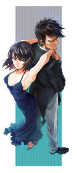1boy 1girl armpits arms_up back-to-back bare_shoulders black_eyes black_hair breasts cleavage dress foreshortening formal_clothes from_above fubuki_(one-punch_man) green_eyes looking_back matatabi_nia one-punch_man outside_border perspective snake_(one-punch_man) standing suit