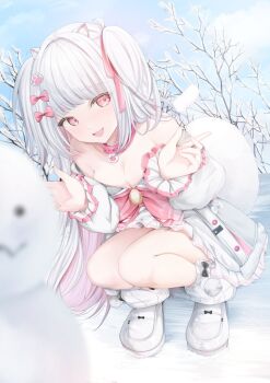 1girl animal_collar animal_ear_fluff animal_ears boots bow breasts collar commission dog_ears dog_girl dress gram_pico hair_bow hair_ribbon highres kurage_cc long_hair open_mouth outdoors paw_hair_ornament phase_connect pink_bow pink_collar pink_eyes pink_ribbon ribbon skeb_commission small_breasts snow solo squatting virtual_youtuber white_bow white_dress