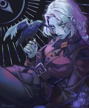 1girl artist_name belt bird black_bow blue_skin bow braid buttons colored_skin crow deadlock_(game) dress facial_mark forehead_mark highres long_hair makeup red_dress runny_makeup sharp_nails susabii vindicta_(deadlock) white_hair