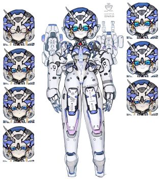 1girl blonde_hair blue_eyes closed_eyes colored_skin full_body half-closed_eyes highres joints looking_at_viewer multiple_expressions original robot_girl robot_joints rondo_bell smile solo standing white_background white_skin