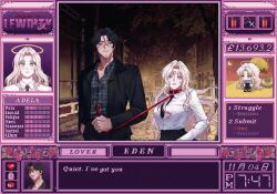 1boy 1girl animated black_hair black_shirt collar degrees_of_lewdity eden_(degrees_of_lewdity) bad_tag halo leash necktie player_character_(degrees_of_lewdity) scar scar_on_face shirt skirt tagme video video_game white_shirt white_skirt