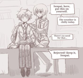 2boys akinashi_haru bento cardigan_on_shoulders collared_shirt desk dress_shirt dressing_another english_text hashtag-only_commentary highres holding holding_bento id_card indoors lanyard male_focus monochrome multiple_boys necktie on_desk pants saihate_eki shirt short_hair sitting squ15 tatsunami_shion