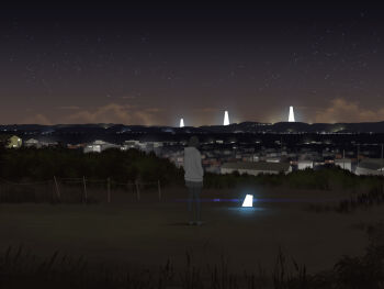 Rule 34 | 1girl, black pantyhose, city, city lights, cloud, dark, female focus, from behind, grass, hands in pockets, hill, hood, hoodie, horizon, house, looking afar, night, original, pantyhose, scenery, shiira, skirt, sky, solo, star (sky), starry sky