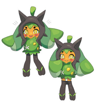 :d batrobin_k blush blush_stickers closed_mouth clothes_pull fangs full_body happy highres looking_at_viewer multiple_views nintendo notice_lines ogerpon open_mouth pantyhose pantyhose_pull pokemon pokemon_(creature) simple_background smile standing star-shaped_pupils star_(symbol) symbol-shaped_pupils teasing white_background yellow_eyes