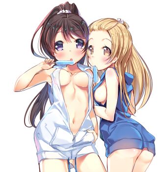 Rule 34 | 2girls, ass, bangs pinned back, blonde hair, breasts, breasts apart, brown hair, cowboy shot, food, gluteal fold, hood, hood down, hoodie, kurozu, long hair, looking at viewer, medium breasts, multiple girls, naked hoodie, navel, no bra, original, ponytail, popsicle, purple eyes, sideboob, sleeveless, standing, white background, yellow eyes, zipper pull tab