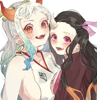2girls blue_hair breasts brown_hair commentary_request earrings fangs highres horns japanese_clothes jewelry kamado_nezuko kimetsu_no_yaiba kimono looking_at_viewer multiple_girls one_piece open_mouth orange_eyes pink_eyes ponytail sideboob sidelocks simple_background single_horn sleeveless sleeveless_kimono u_mi031 white_background white_hair white_kimono yamato_(one_piece)