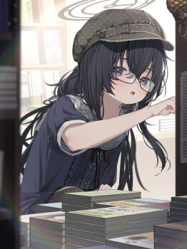 1girl absurdres alternate_costume bags_under_eyes black_dress black_hair blue_archive blue_eyes blush book bookstore brown-framed_eyewear brown_halo brown_hat center_frills commentary_request crossed_bangs dress frills glasses hair_between_eyes halo hat highres indoors long_hair newsboy_cap open_mouth shop short_sleeves solo teeth ui_(blue_archive) upper_teeth_only yoru_uyo