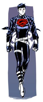 1boy alternate_costume belt black_hair black_theme border clenched_hands closed_mouth dc_comics fingerless_gloves floating gecko1798 gloves jacket kon-el leather leather_jacket light_frown limited_palette male_focus multiple_belts red_eyes short_hair simple_background solo superboy superman_logo three-quarter_sleeves white_border young_justice