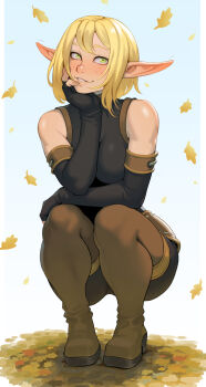 Rule 34 | 1girl, black gloves, black shirt, blonde hair, boots, breasts, brown boots, cheshirrr, commentary, elbow gloves, elf, evangelyne (wakfu), fingerless gloves, freckles, full body, gloves, green eyes, hand on own cheek, hand on own face, highres, large breasts, long pointy ears, looking at viewer, parted lips, pointy ears, shirt, short hair, simple background, sleeveless, sleeveless shirt, solo, squatting, thigh boots, thighs, wakfu, white background