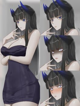 1girl anger_vein angry arm_under_breasts black_dress black_hair blue_eyes blunt_bangs blush bracelet breasts closed_mouth commentary constricted_pupils dress english_commentary gold_bracelet grey_background hand_up highres horns jewelry large_breasts long_hair looking_at_viewer mole mole_on_breast mole_under_eye multiple_expressions necklace nina_katsuragi nishizuu original ring shaded_face simple_background straight_hair strapless strapless_dress