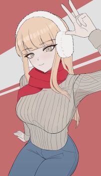 1girl absurdres blonde_hair blunt_bangs breasts closed_mouth commentary cowboy_shot denim earmuffs english_commentary fingernails gesture_request green_eyes grey_sweater hand_up highres jeans klottinen large_breasts long_hair long_sleeves looking_at_viewer original pants pink_background red_scarf ribbed_sweater scarf sidelocks simple_background sitting smile solo sweater thighs turtleneck turtleneck_sweater