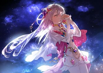 1girl absurdres allipaca backlighting bodice capelet closed_eyes commentary commission earrings elbow_gloves english_commentary fingerless_gloves floating_hair gem gloves gold_trim hair_ornament hair_ribbon highres indie_virtual_youtuber jewelry karanagare long_hair navel nebula night own_hands_clasped own_hands_together ribbon second-party_source shorts sky smile solo star_(sky) starry_sky virtual_youtuber white_bodice white_capelet white_gloves white_hair white_shorts
