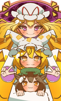 3girls :3 animal_ear_headwear animal_ears animal_hat blonde_hair blush brown_hair cat_ears cat_girl chen double_v fake_animal_ears family fox_girl fox_tail frilled_hat frills gap_(touhou) green_hat hat highres hug hug_from_behind kitsune kokurochi kyuubi long_hair looking_at_viewer mob_cap multiple_girls multiple_tails short_hair smile tail touhou v very_long_hair white_hat yakumo_ran yakumo_yukari
