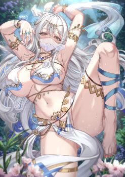 1girl absurdres armlet armpits arms_up bare_shoulders barefoot birth&#039;s_character blurry bracelet breast_curtains breasts cenangam circlet cleavage collar commission dancer depth_of_field dungeon_and_fighter gold_choker grin hair_ribbon harem_outfit highres jewelry large_breasts leg_up long_hair looking_at_viewer mouth_veil multiple_rings nail_polish navel no_panties original pelvic_curtain revealing_clothes ribbon ring second-party_source shawl smile solo stomach sweat thighlet thighs toenail_polish toenails underboob veil very_long_hair white_hair yellow_eyes