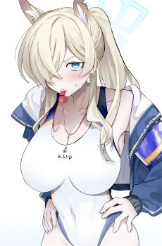 Rule 34 | 1girl, absurdres, animal ear fluff, animal ears, blonde hair, blue archive, blue eyes, blue halo, blue jacket, breasts, cleavage, collarbone, competition swimsuit, covered navel, cowboy shot, dantyou2525, dog ears, hair over one eye, halo, highres, jacket, kanna (blue archive), kanna (swimsuit) (blue archive), large breasts, long hair, official alternate costume, one-piece swimsuit, open clothes, open jacket, ponytail, simple background, solo, swimsuit, whistle, whistle around neck, white background, white one-piece swimsuit