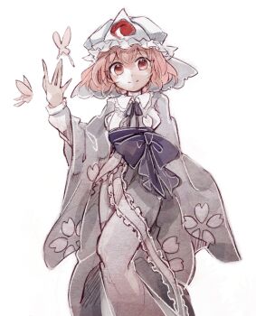 1girl black_ribbon blue_bow blue_sash bow bug butterfly cherry_blossom_print commentary dress feet_out_of_frame floral_print grey_dress grey_hat grey_veil hand_up hat highres insect light_blush long_dress mob_cap pink_butterfly pink_hair red_eyes ribbon saigyouji_yuyuko sash short_hair simple_background sketch smile solo split_mouth tama_(hiroshige_36) touhou triangular_headpiece veil white_background