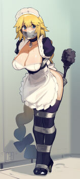 1girl artist_name bdsm black_thighhighs blonde_hair blue_eyes bondage bound braid breasts cad_(caddo) cleavage fate/grand_order fate_(series) full_body gag high_heels highres improvised_gag jeanne_d'arc_(fate) long_hair maid maid_headdress single_braid solo standing sweat tape tape_bondage tape_gag thighhighs very_long_hair