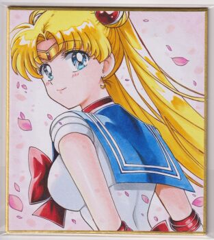 1girl arms_up back bishoujo_senshi_sailor_moon blonde_hair blue_eyes blue_sailor_collar bow brooch cherry_blossoms chikoto_(kztc4472) choker commentary double_bun earrings elbow_gloves gloves hair_bun hair_ornament highres jewelry lips long_hair looking_back magical_girl median_furrow red_bow red_choker sailor_collar sailor_moon sailor_senshi_uniform smile solo traditional_media tsukino_usagi twintails white_gloves