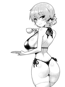 1girl ass bikini braid braided_bun breasts butt_crack cup curvy darjeeling_(girls_und_panzer) from_behind girls_und_panzer hair_bun highres huge_ass large_breasts legs lipstick long_hair looking_at_viewer looking_back makeup monochrome seductive_gaze seductive_smile side-tie_bikini_bottom sideboob smile solo swimsuit teacup thick_thighs thighs thong_bikini virus-g
