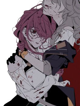 Rule 34 | 2girls, black eyes, black gloves, black jacket, blood, blood from mouth, blood on face, clothing cutout, commentary, d0600059994959, earrings, gloves, grey hair, highres, honkai: star rail, honkai (series), jacket, jewelry, kafka (honkai: star rail), multiple girls, purple hair, red pupils, shirt, shoulder cutout, stelle (honkai: star rail), trailblazer (honkai: star rail), white shirt