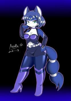 1girl artist_request blue_hair boots female_focus formal_clothes fox furry furry_female green_eyes krystal nintendo solo star_fox suit