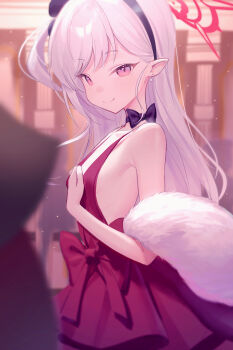 1girl absurdres bare_shoulders black_hairband blue_archive dress earrings from_side fur_shawl hairband halo highres jewelry krixxis4 long_hair looking_at_viewer mutsuki_(blue_archive) mutsuki_(dress)_(blue_archive) neck_ribbon official_alternate_costume pearl_earrings pointy_ears red_dress red_eyes red_halo ribbon shawl sleeveless sleeveless_dress smile solo white_fur white_hair