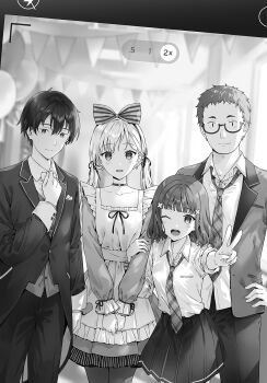 2boys 2girls ;d apron asamura_yuuta ayase_saki bow choker closed_mouth collarbone collared_shirt commentary_request dress gimai_seikatsu glasses greyscale hair_bow hair_ornament hair_ribbon hallway hand_on_own_hip highres hiten_(hitenkei) jacket long_hair long_sleeves looking_at_viewer maru_tomokazu medium_hair monochrome multiple_boys multiple_girls narasaka_maaya necktie novel_illustration official_art one_eye_closed open_mouth pants plaid_clothes plaid_necktie pleated_skirt ribbon school_uniform second-party_source semi-rimless_eyewear shirt short_hair skirt smile twintails under-rim_eyewear v v_arms viewfinder x_hair_ornament