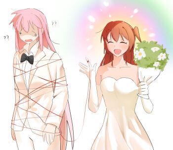 2girls ? ?? bare_shoulders black_bow black_bowtie bocchi_the_rock! bouquet bow bowtie c3444767 closed_eyes collared_shirt commentary dress elbow_gloves flower formal_clothes gloves gotoh_hitori hand_up hashtag-only_commentary highres holding holding_bouquet kita_ikuyo multiple_girls one_side_up open_mouth pants rainbow red_hair shirt simple_background smile string string_of_fate suit wedding_dress white_background white_dress white_flower white_gloves white_pants white_shirt white_suit wife_and_wife yuri