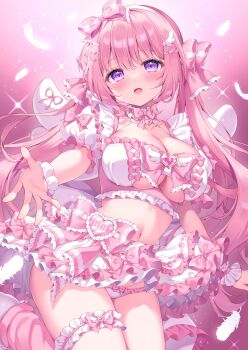 1girl bow breasts cleavage clothes_lift clothing_cutout commentary_request crop_top frilled_panties frilled_shirt frilled_skirt frilled_thigh_strap frills hair_bow highres large_breasts leg_up long_hair looking_at_viewer midriff miniskirt navel open_mouth original panties pink_hair pink_shirt pink_skirt pink_socks pink_theme purple_eyes shiono_(0303) shirt short_sleeves skirt skirt_lift smile socks solo stomach thigh_strap too_many too_many_frills twintails two-tone_shirt underboob underboob_cutout underwear very_long_hair white_shirt