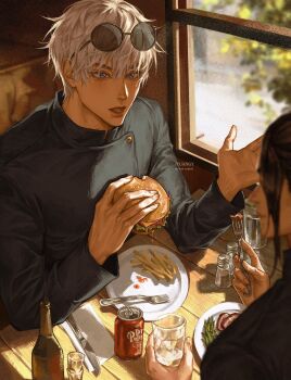 Rule 34 | 2boys, artist name, black hair, blue eyes, burger, commentary, cup, disposable cup, drinking glass, eating, eyewear on head, fast food, food, fork, french fries, getou suguru, glasses, gojou satoru, highres, holding, holding burger, holding food, holding fork, jujutsu kaisen, jyuangy, long sleeves, male focus, multiple boys, open mouth, salt shaker, short hair, sitting, table knife, white hair