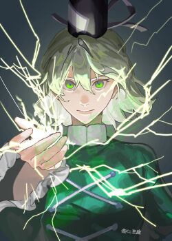 Rule 34 | 1girl, annindofu umaaa, breasts, closed mouth, collar, commentary request, cross-laced clothes, cross-laced dress, dress, electricity, electrokinesis, expressionless, frilled collar, frills, green dress, green eyes, green hair, hand up, hat, highres, looking at viewer, medium breasts, reaching, reaching towards viewer, short hair, soga no tojiko, solo, straight-on, tate eboshi, touhou, upper body