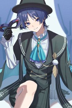 Rule 34 | 1boy, absurdres, aqua gemstone, arm at side, arm support, ascot, bishounen, black gloves, black hat, black shorts, black vest, blue ascot, blue hair, blunt ends, boater hat, brooch, cat mask, chain, collared shirt, commentary request, curtains, domino mask, dress shirt, eye mask, eyeliner, eyeshadow, feathers, formal clothes, frilled shirt collar, frilled sleeves, frills, gem, genshin impact, gloves, gold chain, half gloves, hand up, hat, highres, holding, holding mask, jewelry, lapels, layered ascot, long sleeves, makeup, male focus, mask, official alternate costume, oguma 000, parted lips, pom pom (clothes), purple ascot, purple eyes, purple mask, purple pupils, red eyeliner, red eyeshadow, scaramouche (genshin impact), shirt, shorts, sitting, smile, solo, striped clothes, striped shorts, twitter username, undershirt, vest, wanderer (genshin fes 2026) (genshin impact), wanderer (genshin impact), watermark, white background, white mouth, white sleeves, yellow feathers