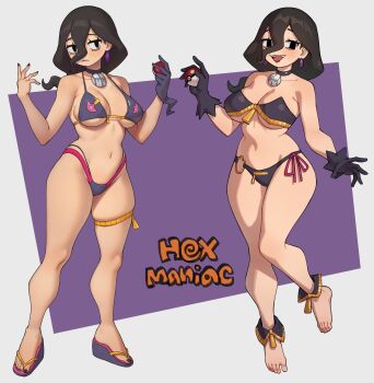 1girl absurdres alternate_costume ankle_cuffs bags_under_eyes bare_shoulders barefoot bikini black_gloves black_hair black_nails breasts character_name cleavage curvy earrings expressionless fingernails flowerpigeon furrowed_brow gloves gold_thighlet gold_trim hair_between_eyes hands_up hex_maniac_(pokemon) hex_maniac_(pokemon_legends:_z-a) highres holding holding_poke_ball jewelry large_breasts light_frown lipstick long_hair looking_at_viewer makeup minea_(dq4) multiple_views nail_polish navel necklace nintendo open_mouth poke_ball poke_ball_(basic) pokemon pokemon_legends:_z-a purple_bikini red_lips sideboob single_glove slippers strapless strapless_bikini swimsuit thighlet toenail_polish toenails underboob w_arms zipper_pull_tab