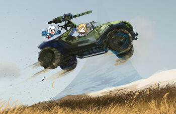 &gt;_&lt; 2girls :3 advarcher blonde_hair blue_hair blunt_bangs brown_hat bubba_(watson_amelia) chibi deerstalker field full_body gawr_gura gawr_gura_(1st_costume) grey_hair halo_(series) halo_installation hat highres hololive hololive_english mini_person minigirl motor_vehicle multicolored_hair multiple_girls outdoors rectangular_mouth smol_ame smol_gura streaked_hair virtual_youtuber warthog_(halo) watson_amelia watson_amelia_(1st_costume) wheat_field
