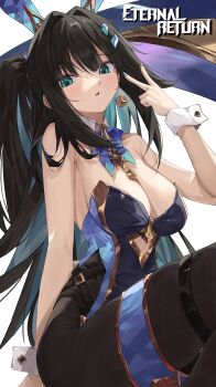1girl absurdres animal_ears aqua_eyes black_hair black_survival blush breasts cleavage covered_navel detached_collar earrings eternal_return:_black_survival fake_animal_ears fishnets highleg highleg_leotard highres jeon_(user_ywaw3774) jewelry large_breasts leotard looking_at_viewer model pantyhose parted_lips playboy_bunny rabbit_ears rabbit_tail simple_background solo strapless strapless_leotard tail thigh_strap v white_background wrist_cuffs