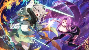 2girls absurdres aqua_hair aqua_skirt aqua_thighhighs black_hairband breasts cleavage cropped_jacket crossover dual_wielding duel facial_mark fate/stay_night fate/unlimited_blade_works fate_(series) fire firefly_(honkai:_star_rail) floating_hair forehead_mark gradient_hair grey_hair guest_art hair_ornament hairband highres holding holding_sword holding_weapon honkai:_star_rail honkai_(series) large_breasts long_hair long_sleeves looking_at_another medusa_(fate) medusa_(rider)_(fate) mishima_kurone multicolored_hair multiple_girls open_mouth purple_hair pyrokinesis red_eyes second-party_source shirt skirt sword thighhighs very_long_hair weapon white_shirt zettai_ryouiki
