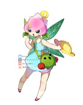 Rule 34 | aged down, alternate costume, blue dress, digimon, digimon (creature), dress, fairy wings, full body, green hair, green wings, highres, lilimon, multiple wings, plant hair, simple background, togemon, white background, wings, youzaiyouzai112