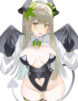 1girl absurdres arknights black_gloves black_leotard bow breasts brown_eyes brown_hair clothing_cutout commentary_request demon_horns demon_tail demon_wings gloves green_bow grey_wings groin hands_up heart_cutout highres horns leotard long_hair long_sleeves looking_at_viewer medium_breasts muelsyse_(arknights) navel navel_cutout pointy_ears puffy_long_sleeves puffy_sleeves shrug_(clothing) simple_background skindentation solo spam_(spamham4506) strapless strapless_leotard tail thigh_gap very_long_hair white_background wide_hips wings