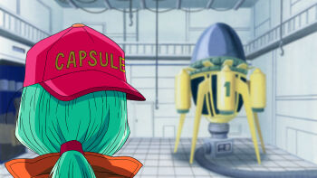 1girl aqua_hair artist_request backwards_hat blurry blurry_background bulma bulma_(future) capsule_corp depth_of_field dragon_ball dragon_ball_xenoverse dragonball_z facing_away from_behind hat highres jumpsuit laboratory loading_screen low_ponytail official_art official_wallpaper orange_jumpsuit ponytail red_hat solo third-party_source time_machine upper_body