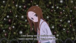 animated backpack bag blue_scarf blush breath brown_hair christmas christmas_lights christmas_ornaments christmas_tree evening flashback fur_trim gift gift_bag giving gloves hetero holding holding_gift karakai_jouzu_no_takagi-san knitting long_hair nishikata outdoors own_hands_together pink_gloves scarf snowing sound subtitled takagi-san video