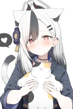 Rule 34 | 1girl, animal, animal ear fluff, animal ears, black choker, black flower, black hair, black horns, black kimono, blue archive, cat, cat ears, cat girl, cat tail, choker, closed mouth, ear cuffs, facing viewer, flower, gradient hair, grey halo, hair flower, hair ornament, hairpin, halo, heart, highres, holding, holding animal, holding cat, horns, japanese clothes, kayoko (blue archive), kayoko (new year) (blue archive), kimono, long hair, looking at viewer, multicolored hair, official alternate costume, red eyes, simple background, solo, speech bubble, streaked hair, tail, tilted head, white background, white hair, yuukun mk-ii