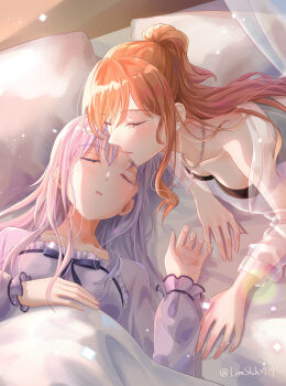 Rule 34 | 2girls, absurdres, bang dream!, bang dream! girls band party!, breasts, brown hair, chinese commentary, closed eyes, commentary request, grey hair, highres, imai lisa, jewelry, kiss, kissing forehead, light particles, long hair, long sleeves, medium breasts, minato yukina, multiple girls, necklace, open mouth, roselia (bang dream!), shih lion, sidelocks, sleeping, yuri