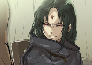 1boy commentary_request disgust facial_mark fire_emblem fire_emblem:_radiant_dawn forehead_mark green_hair long_hair male_focus nintendo parted_lips popolanias red_eyes solo soren_(fire_emblem) upper_body