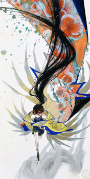 1girl absurdly_long_hair absurdres black_hair commentary_request flower full_body highres japanese_clothes kimono long_hair looking_to_the_side multicolored_hair original ponytail print_kimono red_hair shiguretau solo traditional_media two-tone_hair very_long_hair yellow_eyes