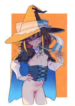 1girl bottomless bow bowtie braid breasts brown_hair cape commentary corset cowboy_shot cropped_legs female_pubic_hair halloween_costume hand_on_own_hip hat hat_ribbon highres holding holding_wand loli long_hair looking_at_viewer nipples orange_background orange_hat original paw_stick pubic_hair red_eyes ribbon simple_background small_breasts smile solo sparse_pubic_hair symbol-only_commentary twin_braids two-sided_fabric ukokkei wand white_background witch_hat