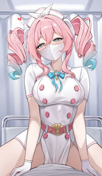 1boy 1girl absurdres alternate_costume aqua_bow aqua_bowtie aqua_eyes blush bottomless bow bowtie breasts buttons colored_tips commentary double-breasted dress english_commentary girl_on_top gloves groin hair_between_eyes hat heart highres honkai:_star_rail honkai_(series) hyacine_(honkai:_star_rail) indoors infirmary large_breasts looking_at_viewer lunacle mask medium_hair mouth_mask multicolored_hair nurse nurse_cap paid_reward_available pelvic_curtain pink_hair thighs twintails white_dress white_gloves white_hat