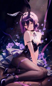 1girl absurdres animal_ear_hairband animal_ears arm_strap black_choker black_leotard breasts chainsaw_man choker detached_collar fake_animal_ears flower green_eyes hairband hashtag-only_commentary heichanart high_heels highres leotard looking_at_viewer medium_breasts pantyhose playboy_bunny purple_hair rabbit_ear_hairband rabbit_ears reze_(chainsaw_man) ribbon sitting solo strapless strapless_leotard white_flower yokozuwari