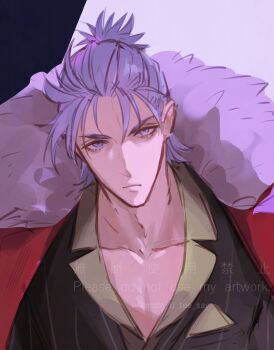 Rule 34 | 1boy, coat, coat on shoulders, collarbone, expressionless, fate/grand order, fate (series), fomnant, formal clothes, fur-trimmed coat, fur trim, grey eyes, grey hair, half updo, highres, jacket, looking at viewer, male focus, pinstripe jacket, pinstripe pattern, pinstripe suit, portrait, red coat, suit, takeda shingen (fate), takeda shingen (first ascension) (fate)